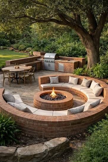 Backyard fire pit with curved stone seating, grill, and large tree in a landscaped garden