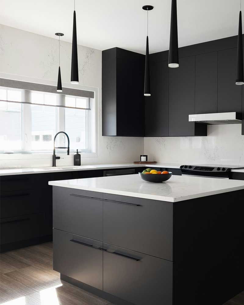 Modern black-and-white kitchen with an island, pendant lights, and a bowl of fruit.