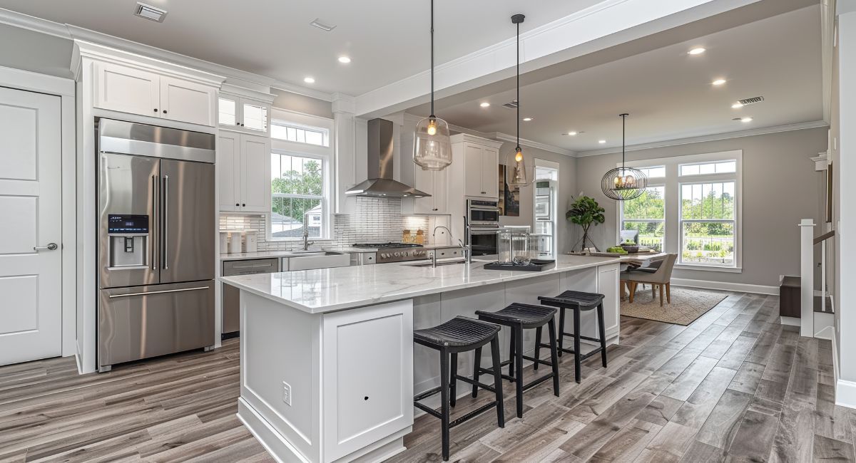 Bright modern kitchen with marble island, stainless steel fridge, pendant lights, and bar stools