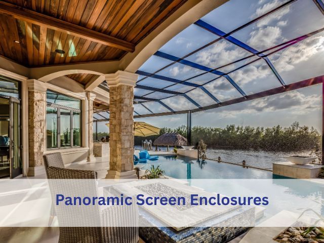 Panoramic screen enclosure around a patio pool with wooden ceiling and stone columns