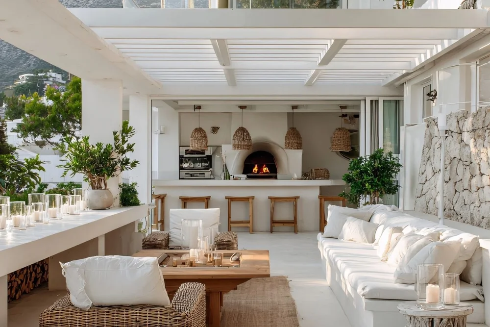 Bright white outdoor lounge with sofas, wooden tables, plants, and a fireplace under a pergola