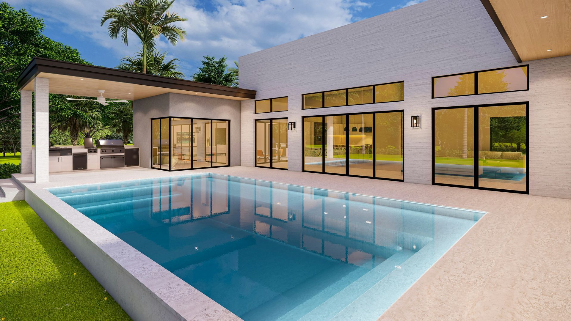 Modern house with large windows and a rectangular backyard swimming pool under a blue sky
