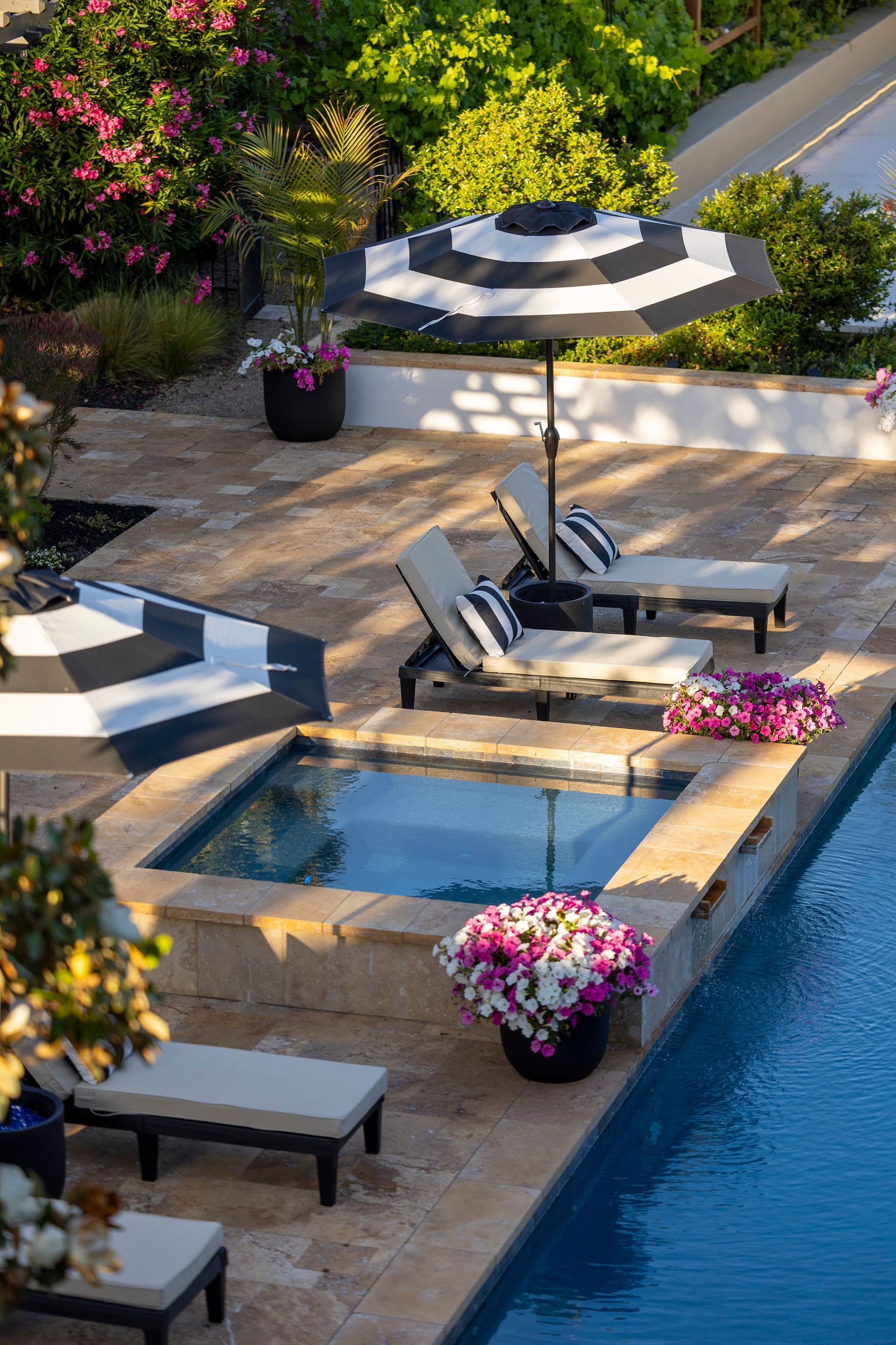 Luxurious poolside patio with lounge chairs, hot tub, and pink flowers beside blue water