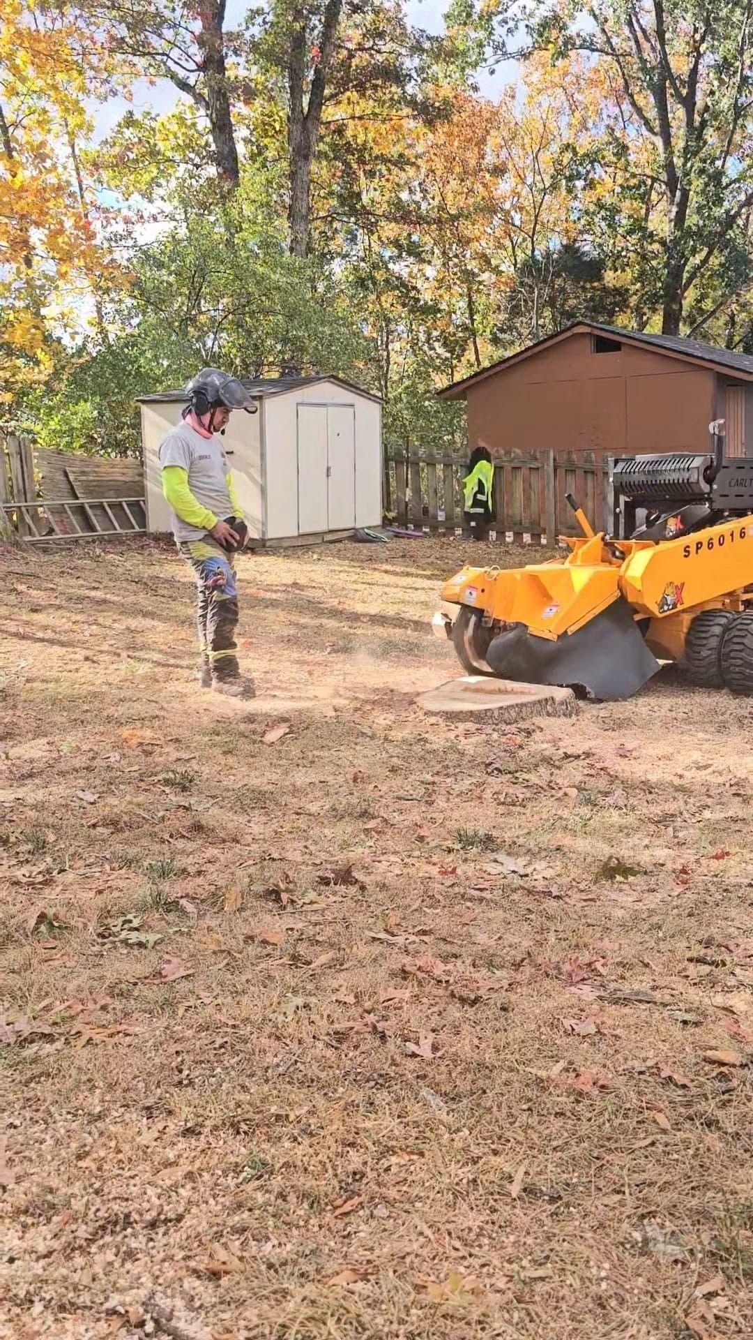 Person standing in a yard beside an orange skid steer near sheds and autumn trees