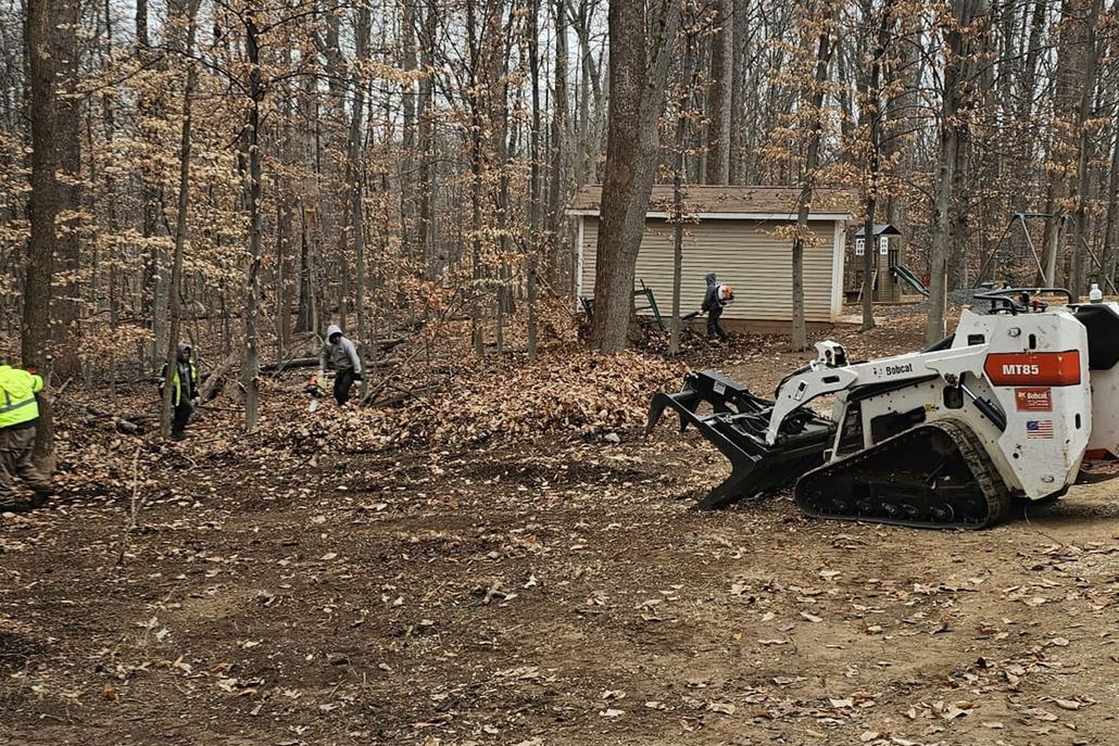 Workers and a skid steer clearing debris in a wooded area beside a small building