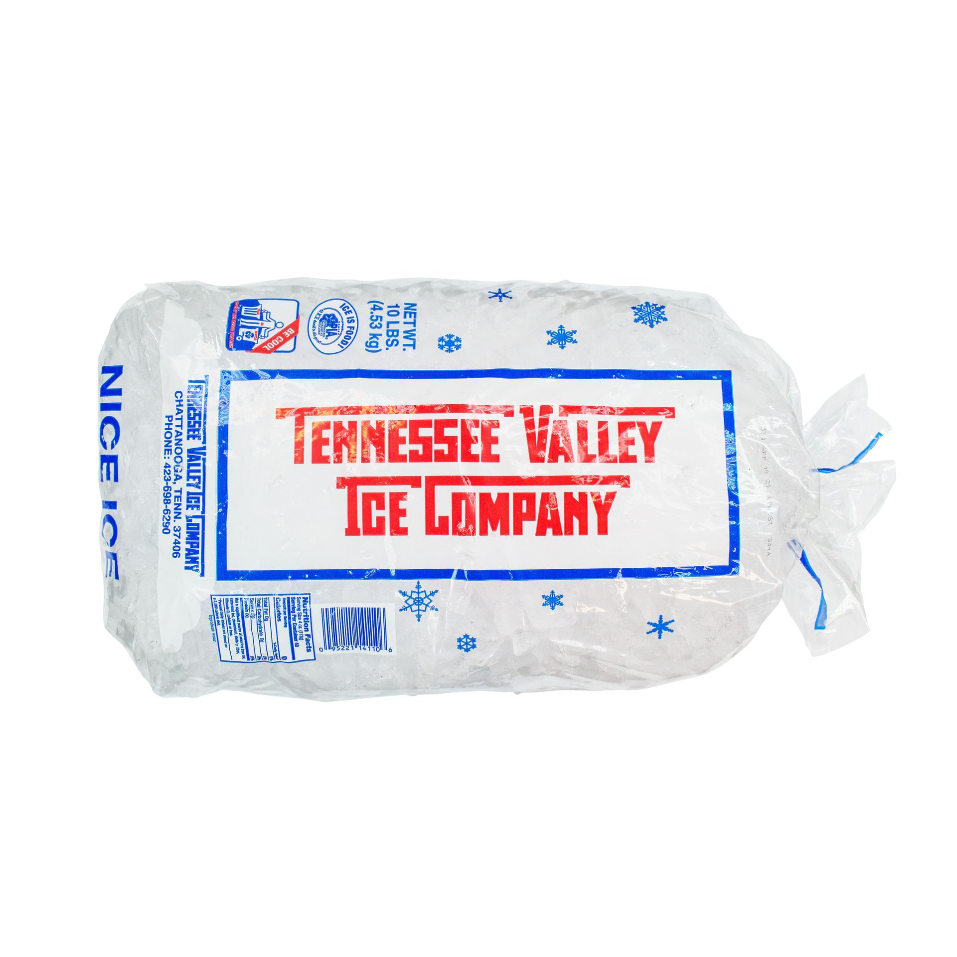 Bag of ice from Tennessee Valley Ice Company. Clear plastic packaging with red and blue logo.