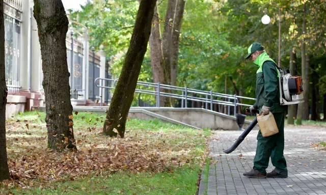 Groundskeeper blowing leaves on a brick path near trees and a building.