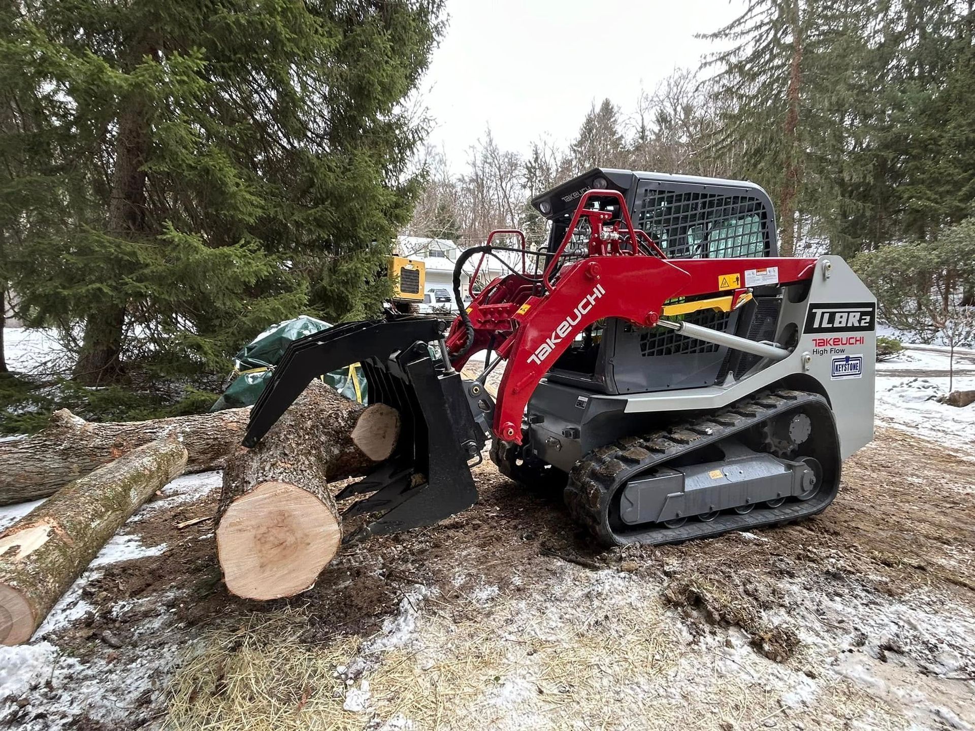 A bulldozer is cutting down a tree in the snow.