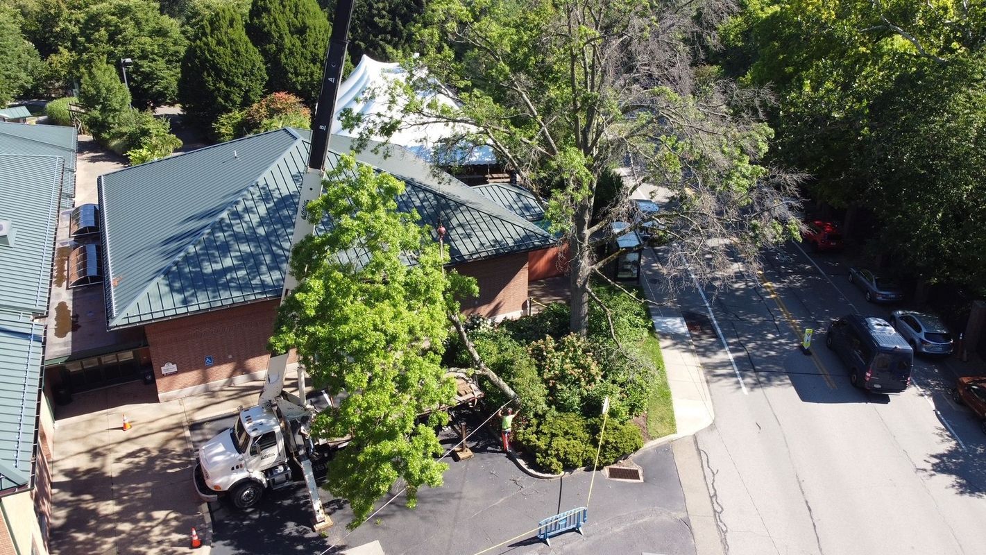An aerial view of a house with a blue roof