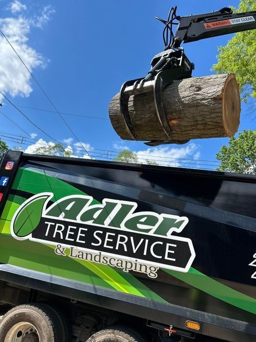A crane is lifting a log from the back of a truck.