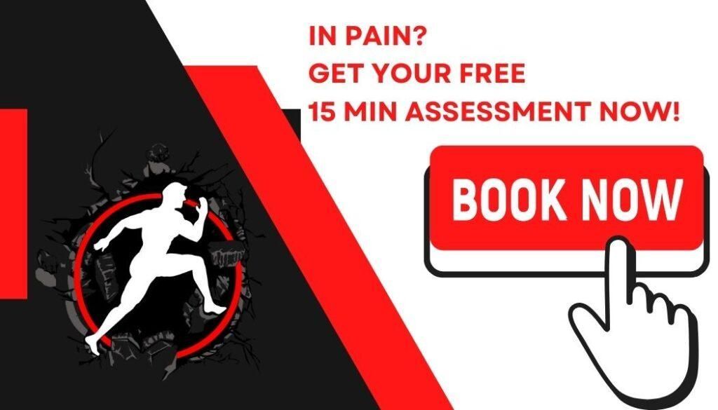Red and black ad: “In pain? Get your free 15 min assessment now!” with a BOOK NOW button.