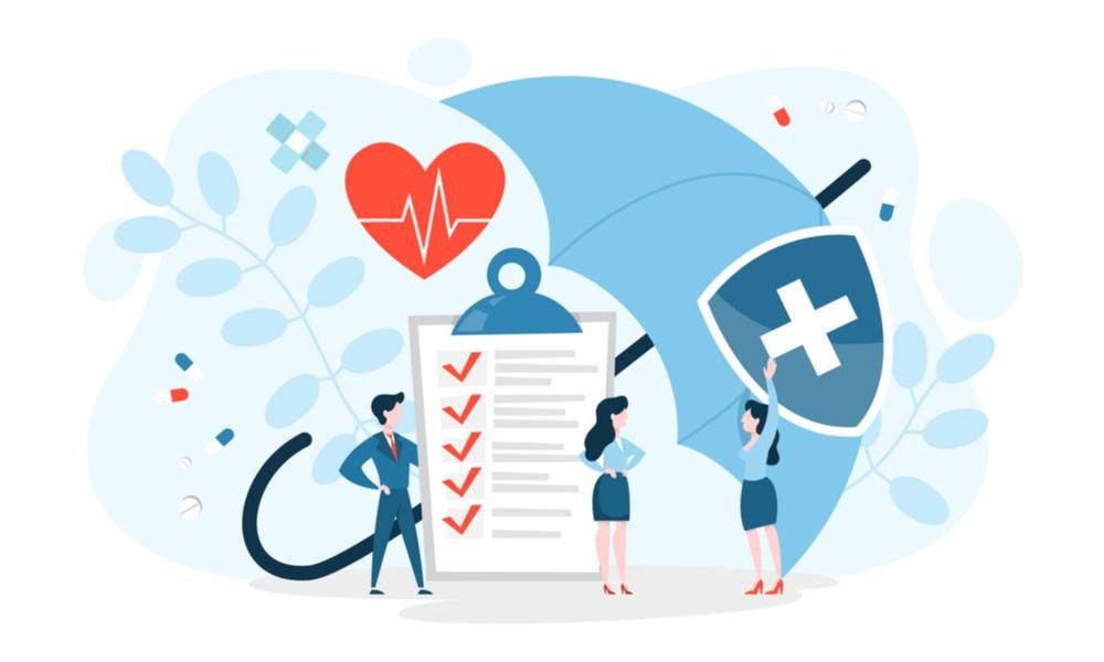 Healthcare scene with medical clipboard, heart icon, shield, and people in blue on a light background