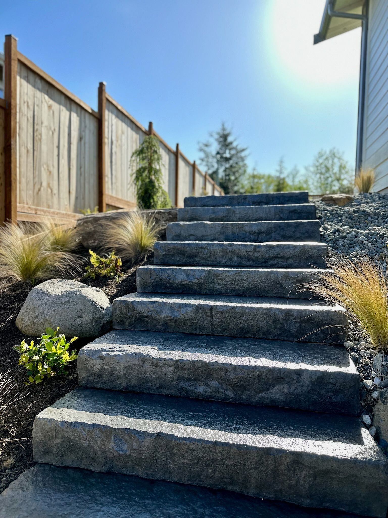 Stone steps lead uphill in a sunny yard, alongside a wooden fence and house.