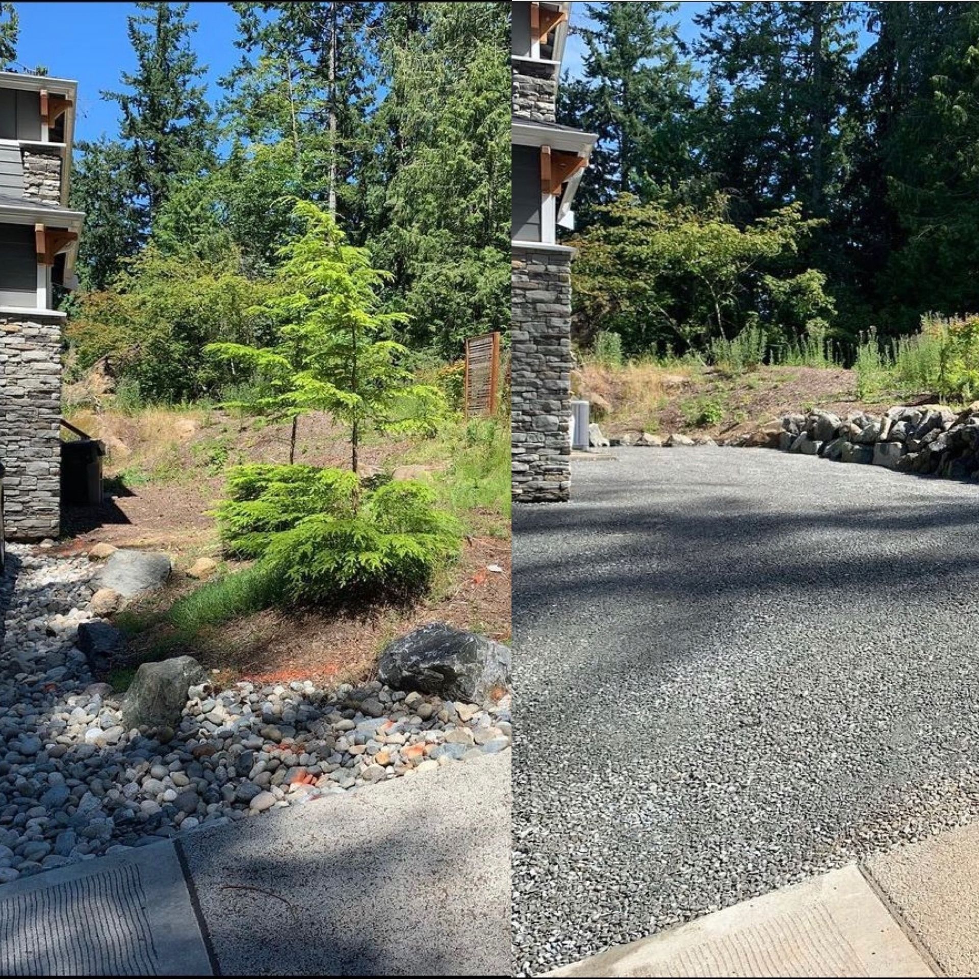 Comparison of a landscaped area with rocks and a gravel driveway in front of a building.