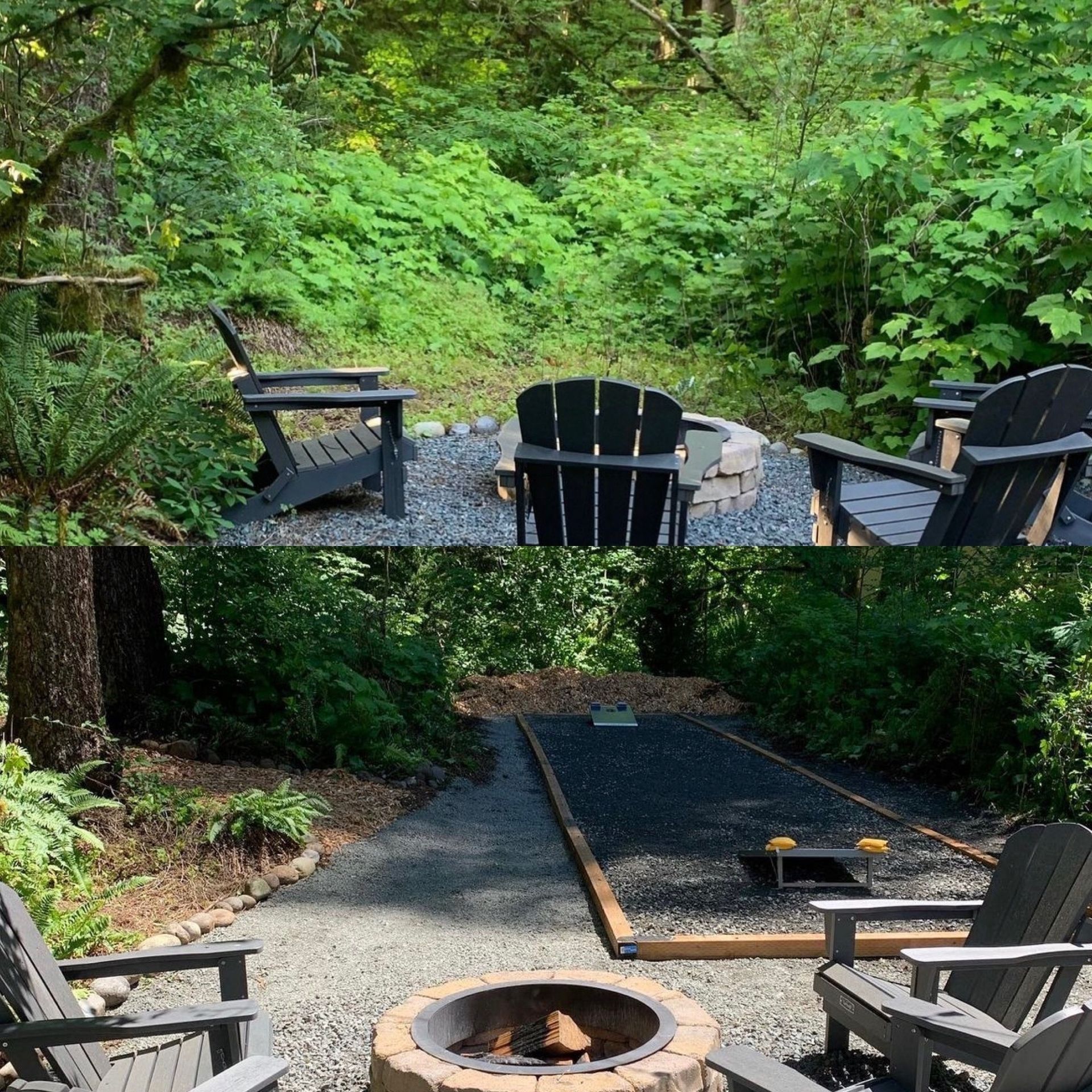 Outdoor recreational area with fire pit, bocce court, Adirondack chairs, and surrounding greenery.
