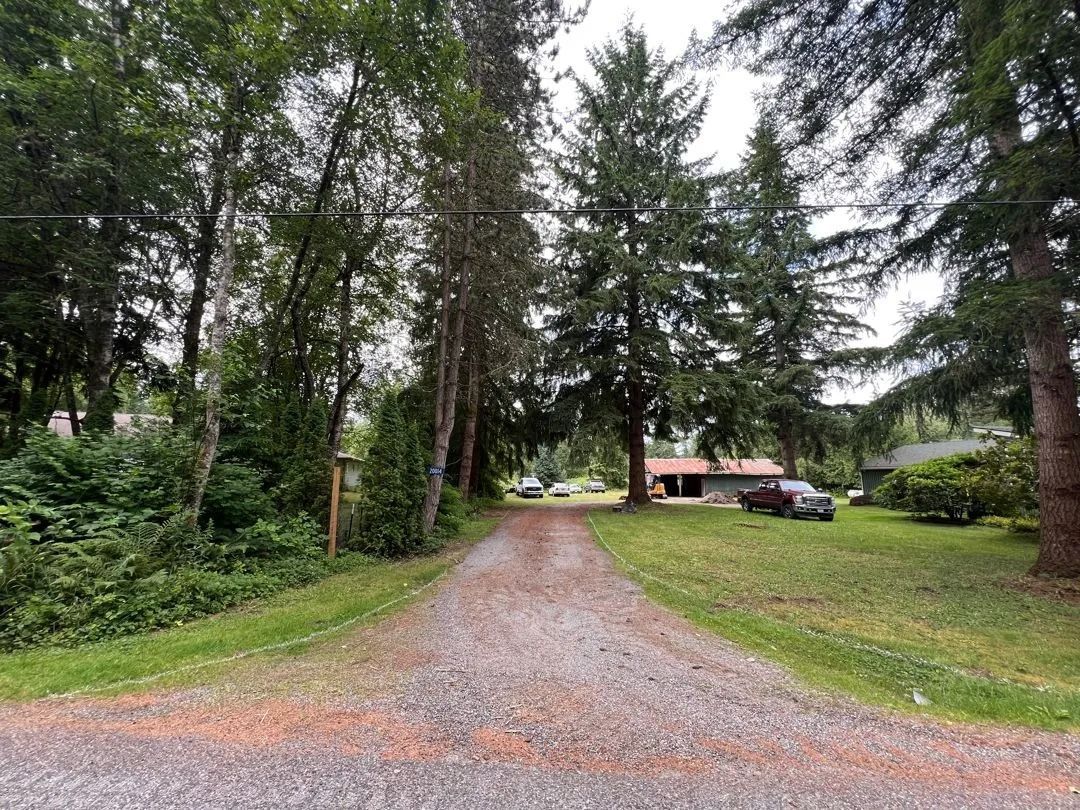 Gravel driveway leading to a house, flanked by green grass and tall trees under a cloudy sky.