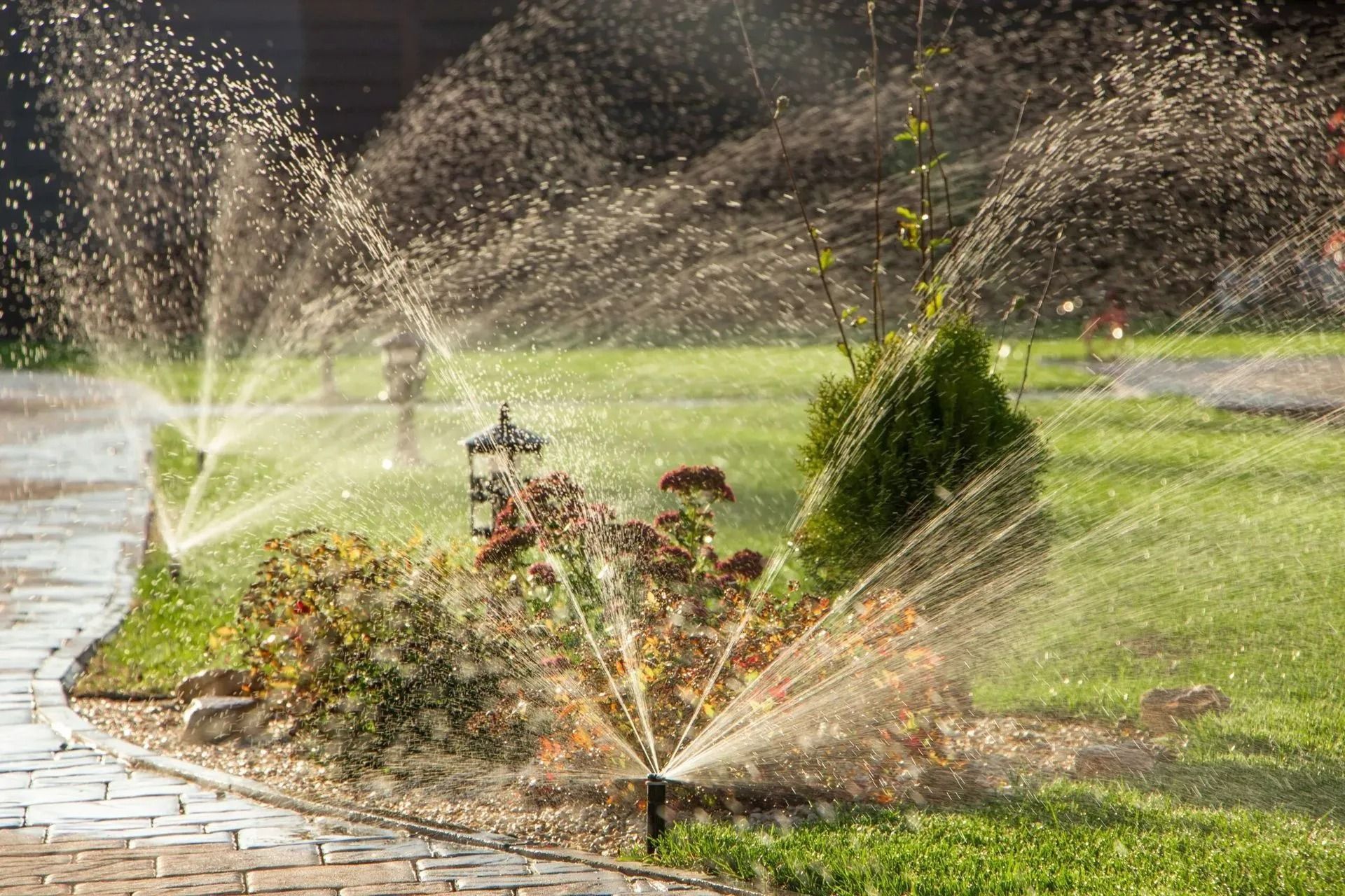 Sprinklers watering a flower bed and lawn on a sunny day.