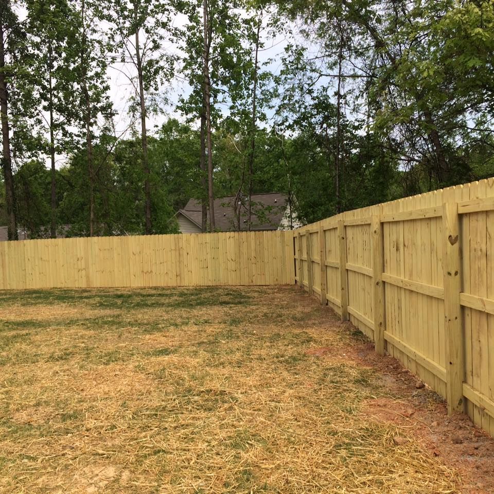 A wooden fence surrounds a large yard with trees in the background.