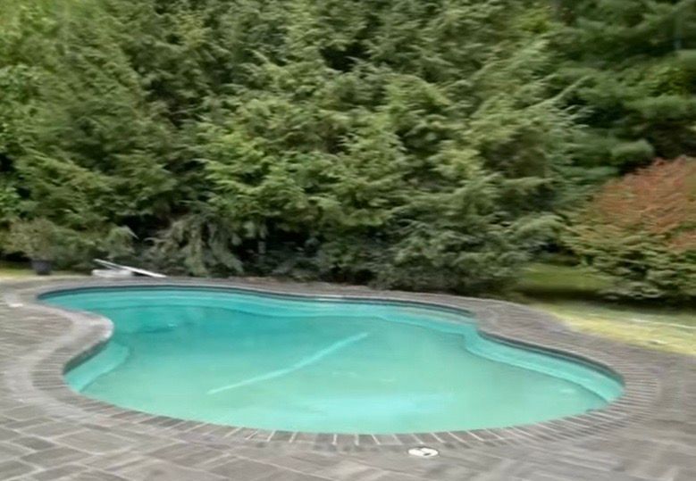 A large swimming pool with a water slide and a waterfall in the backyard of a house.