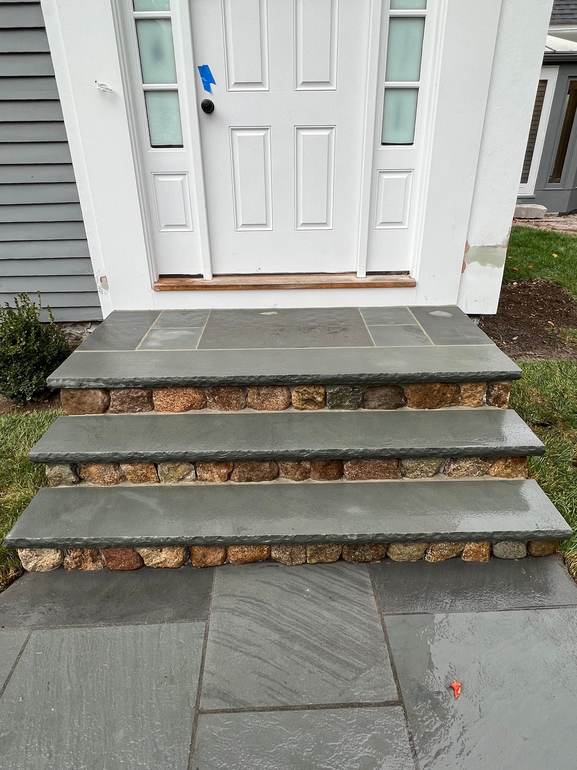 A set of stone steps leading up to a white door of a house.