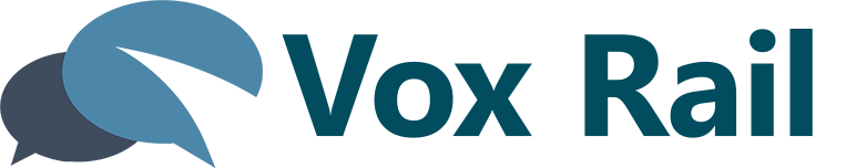 A blue and white logo for vox rail