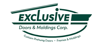 The logo for exclusive doors and molding corp. is green and white.