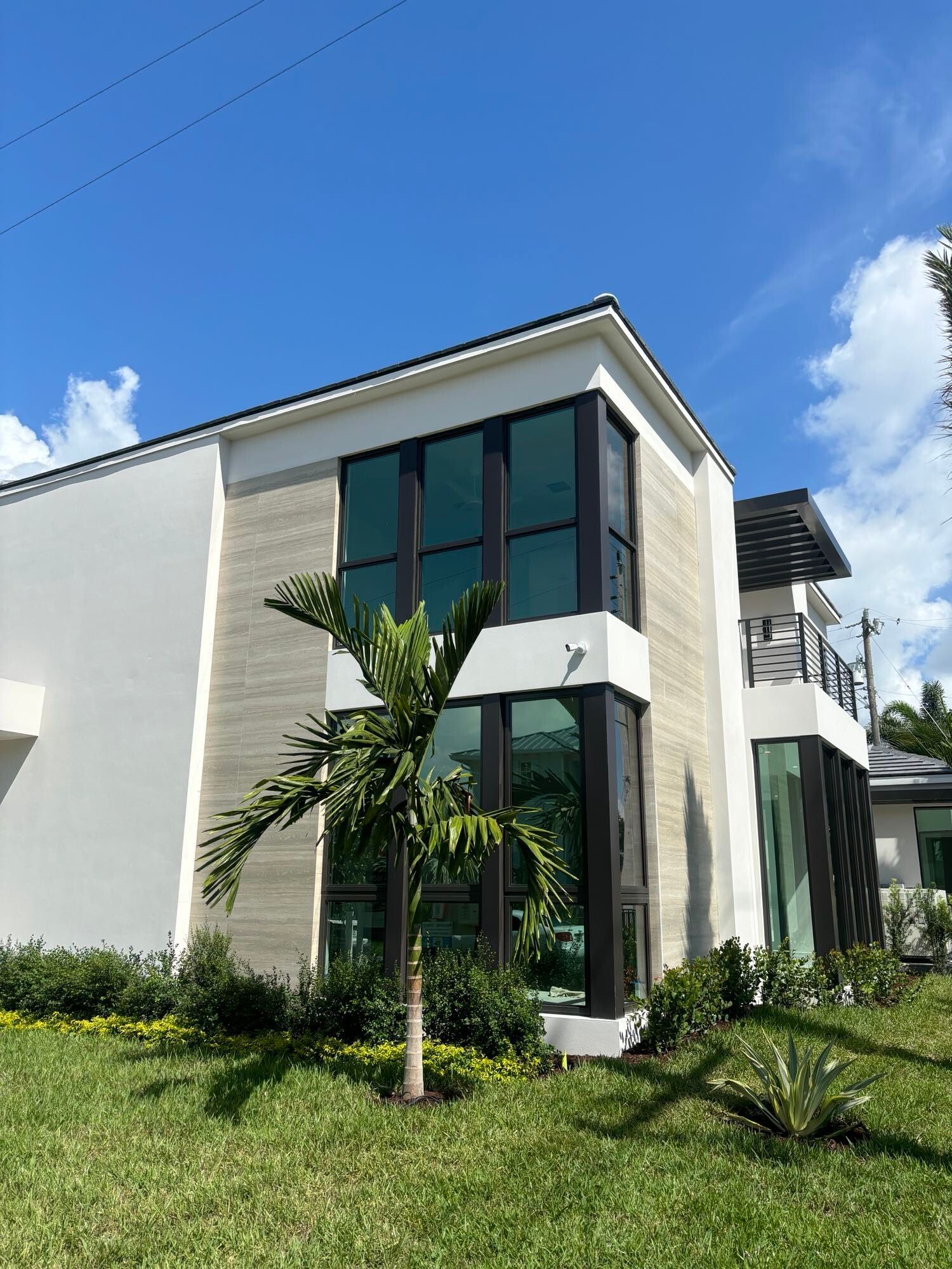 A large white house with a lot of windows and a palm tree in front of it.
