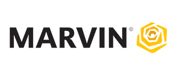 The marvin logo is black and yellow and has a yellow flower in the middle.