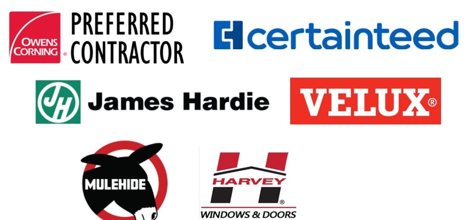 Logos of Owens Corning, Certainteed, James Hardie, Velux, Mule-Hide, and Harvey Windows & Doors.