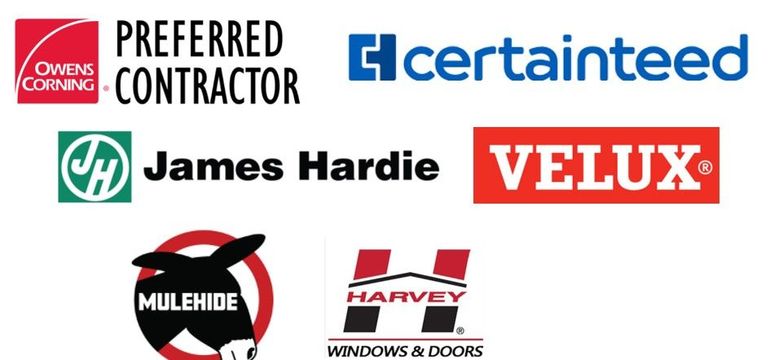 Logos of Owens Corning, Certainteed, James Hardie, Velux, Mule-Hide, and Harvey Windows & Doors.