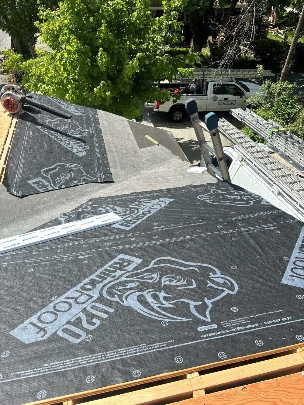 Roof with dark underlayment labeled