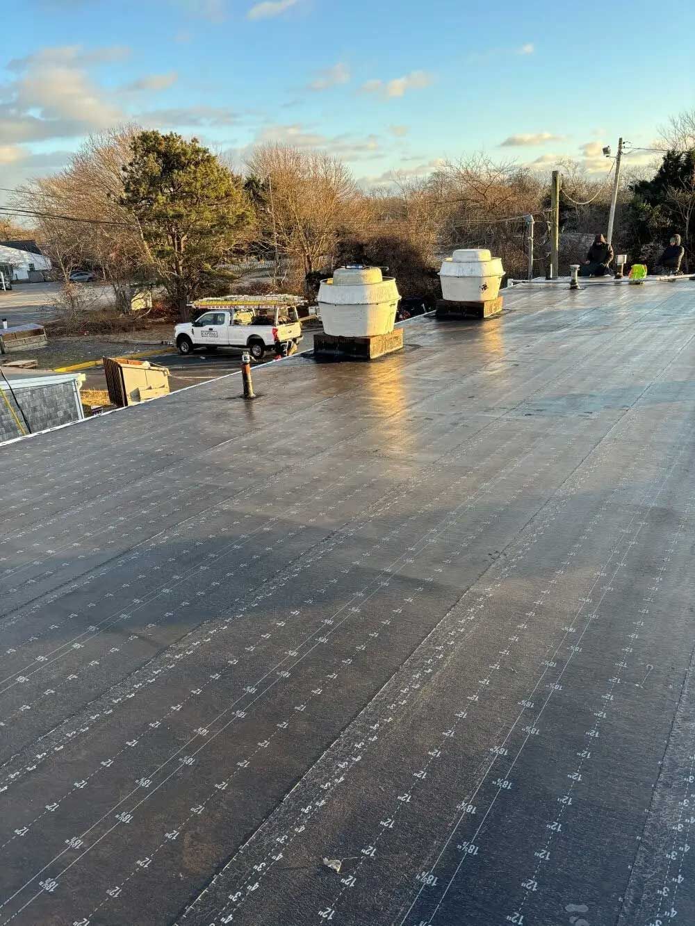 Black flat roof with white vents, a white truck, and bare trees under a blue sky.