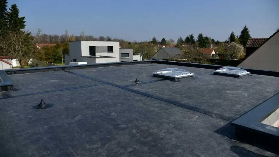 Flat rooftop covered in dark membrane with vents and skylights, overlooking nearby houses and trees under a blue sky