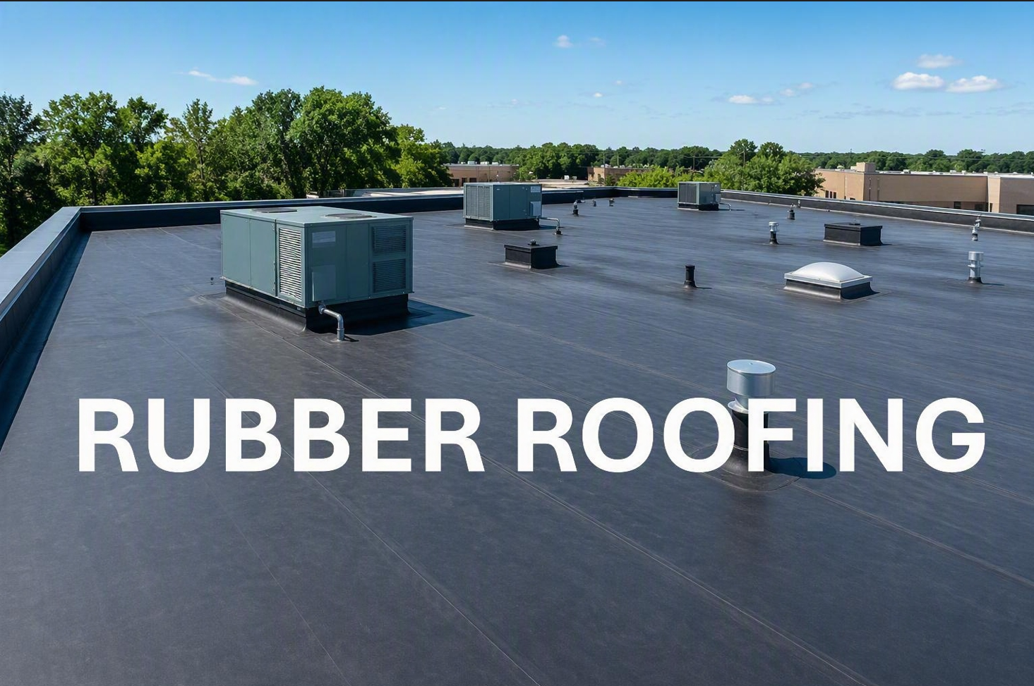 Flat rooftop with dark rubber roofing membrane and HVAC units under a blue sky, labeled 'RUBBER ROOFING'