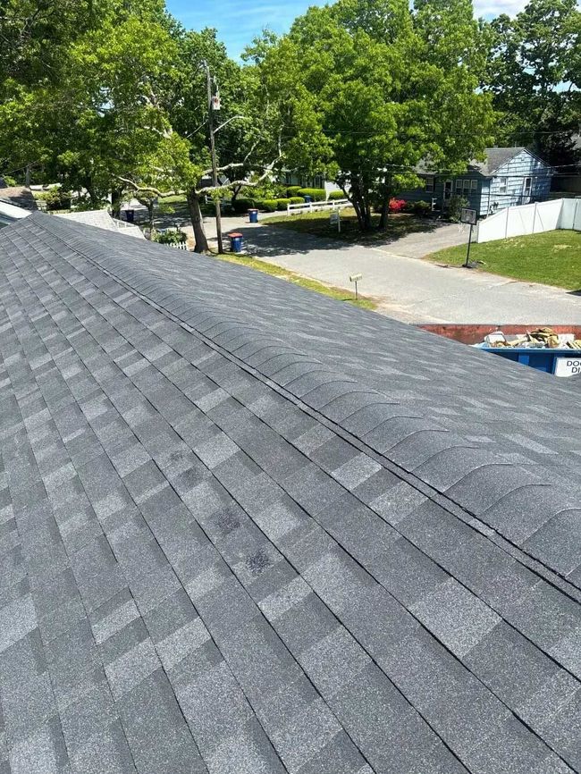 Gray shingle roof in foreground with trees and residential street in the background