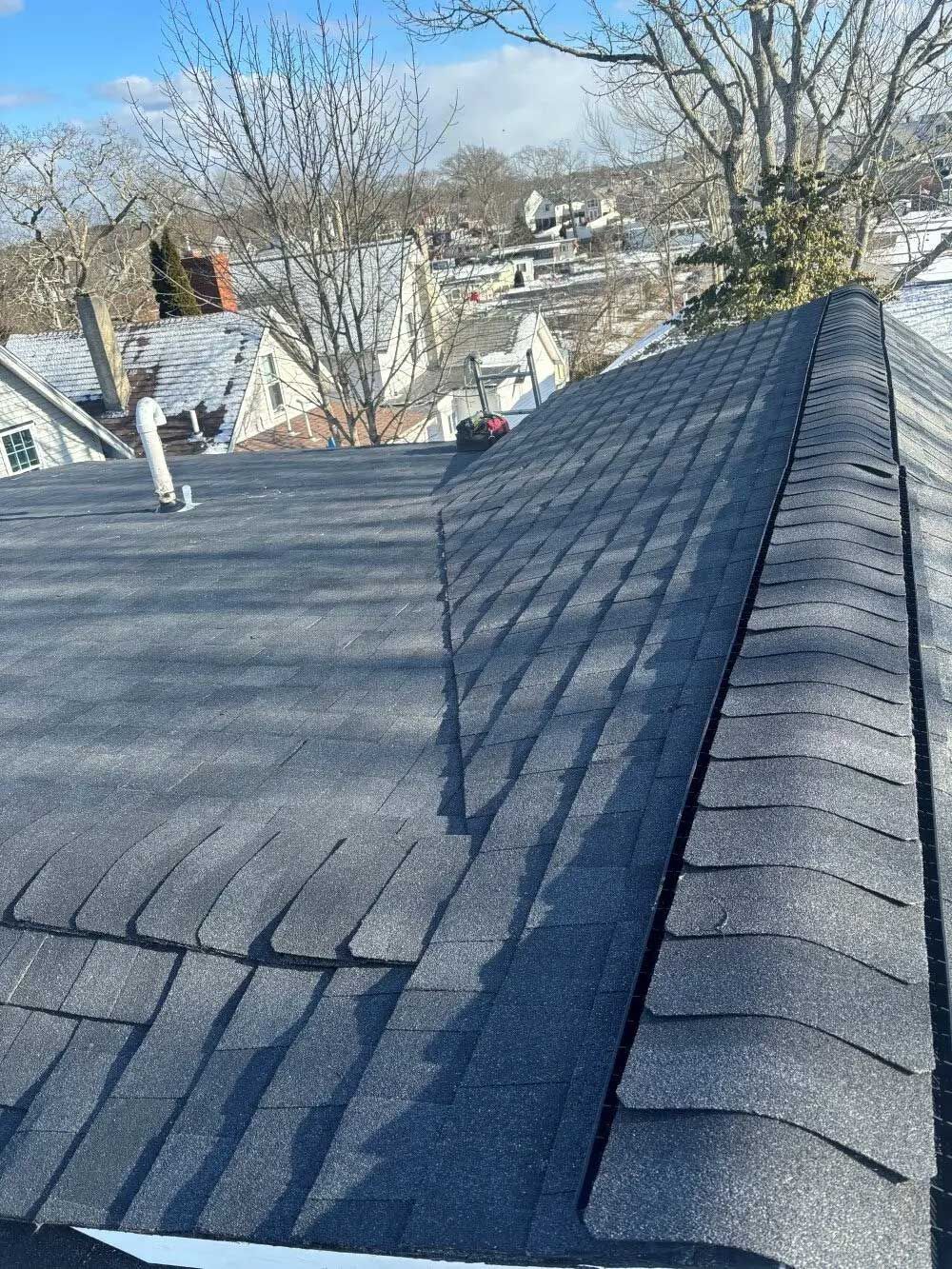 Shingled rooftop with chimney vents and a snowy neighborhood in the background