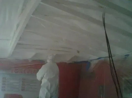 a man in a white suit is painting a ceiling in a room