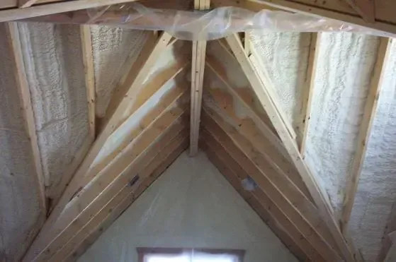 the ceiling of a house is covered in foam and wooden beams
