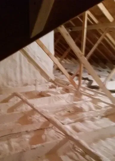 looking up at a wooden structure in an attic