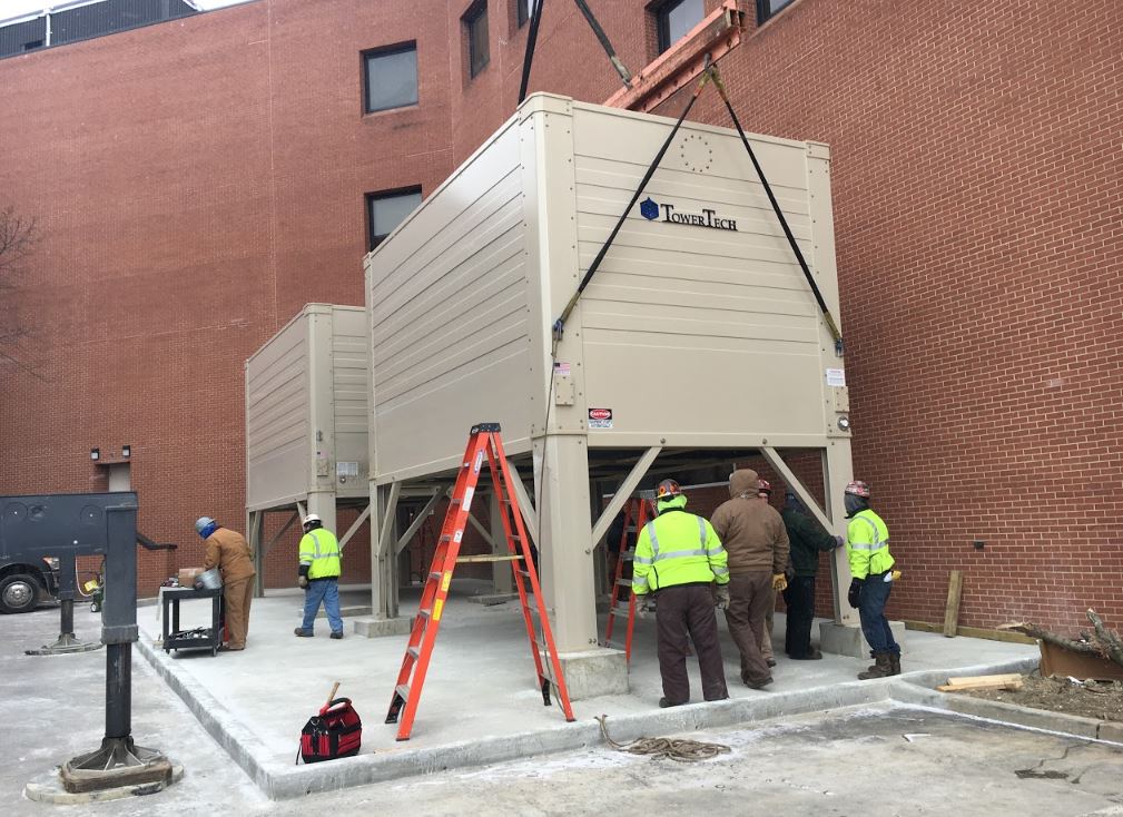 A group of construction with cooling towers