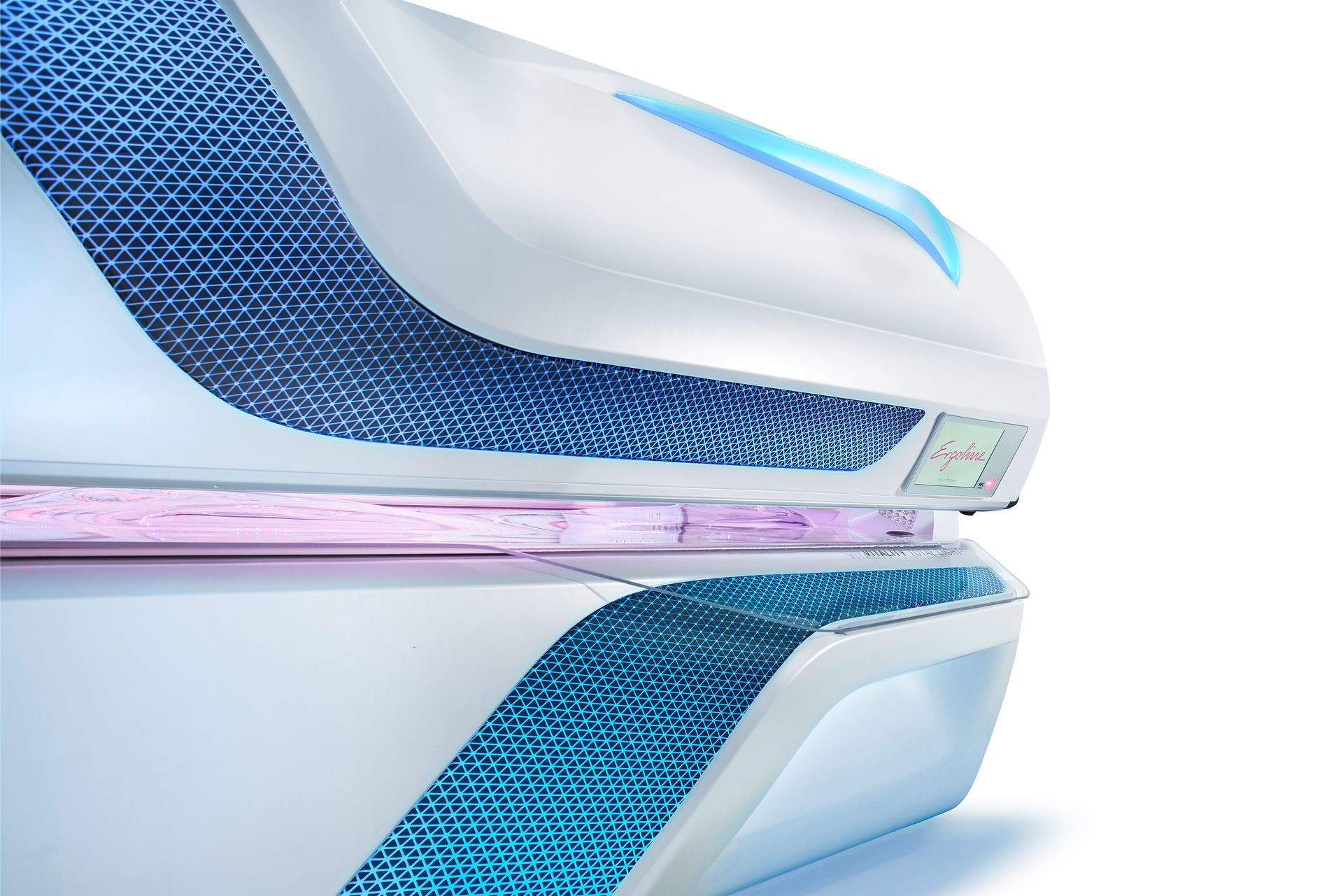 Modern hospital MRI scanner with blue and white curved panels