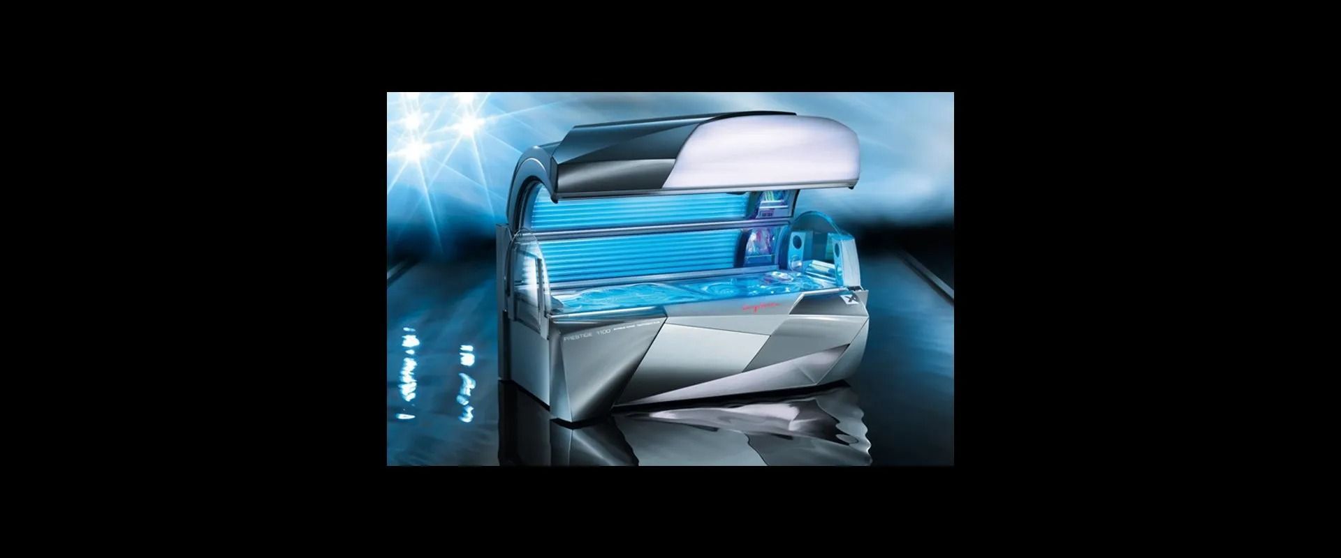 Blue futuristic sports car on a glossy reflective surface, with bright metallic highlights