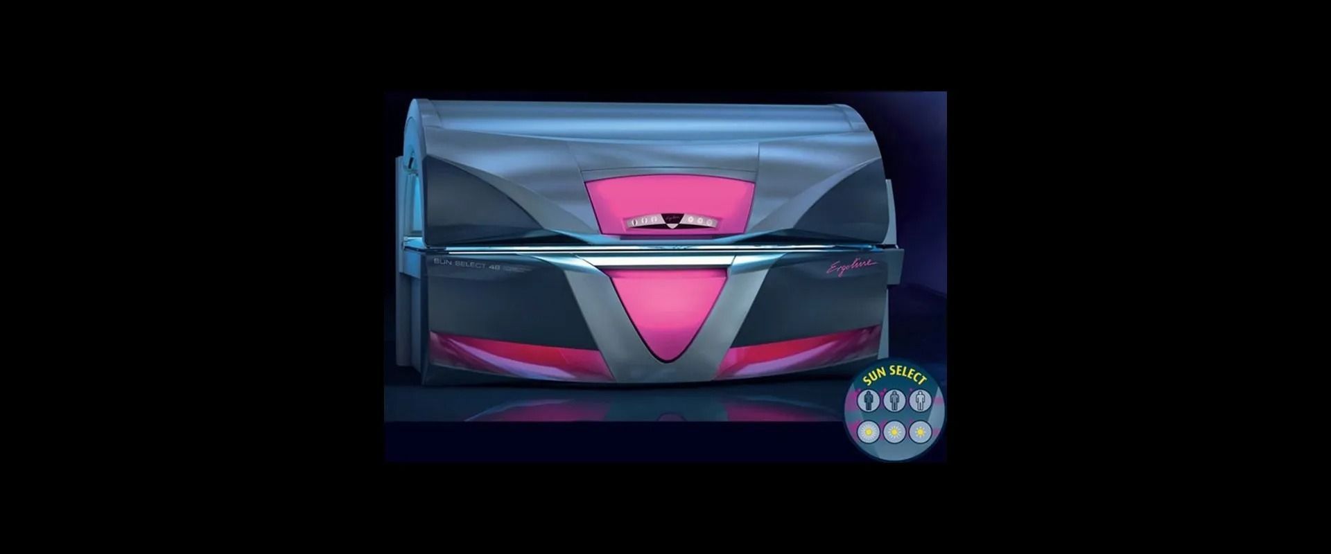 Dark blue and pink futuristic chest or case with a small circular logo in the bottom right