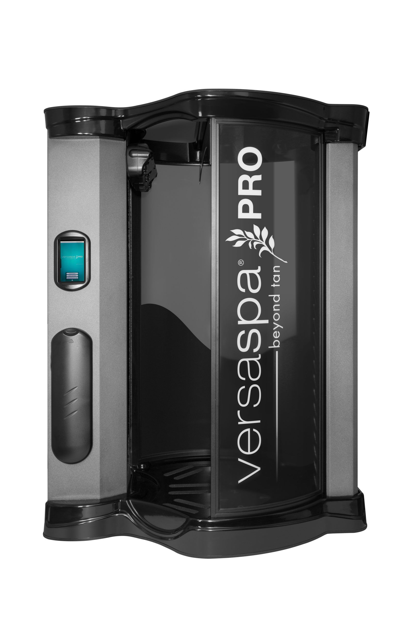 Black and gray VersaSpa Pro spray tan booth with teal control panel on side