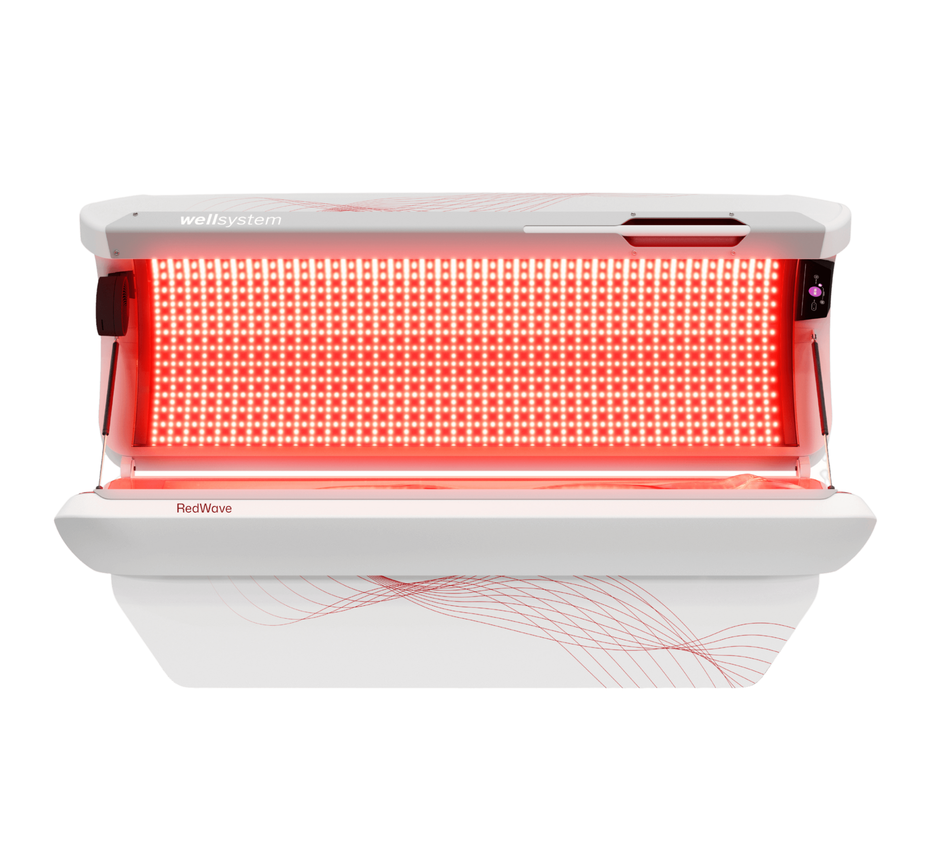 Red infrared light therapy device with white base and glowing panel, front view
