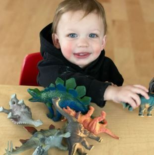 A little boy is sitting at a table with toy dinosaurs
