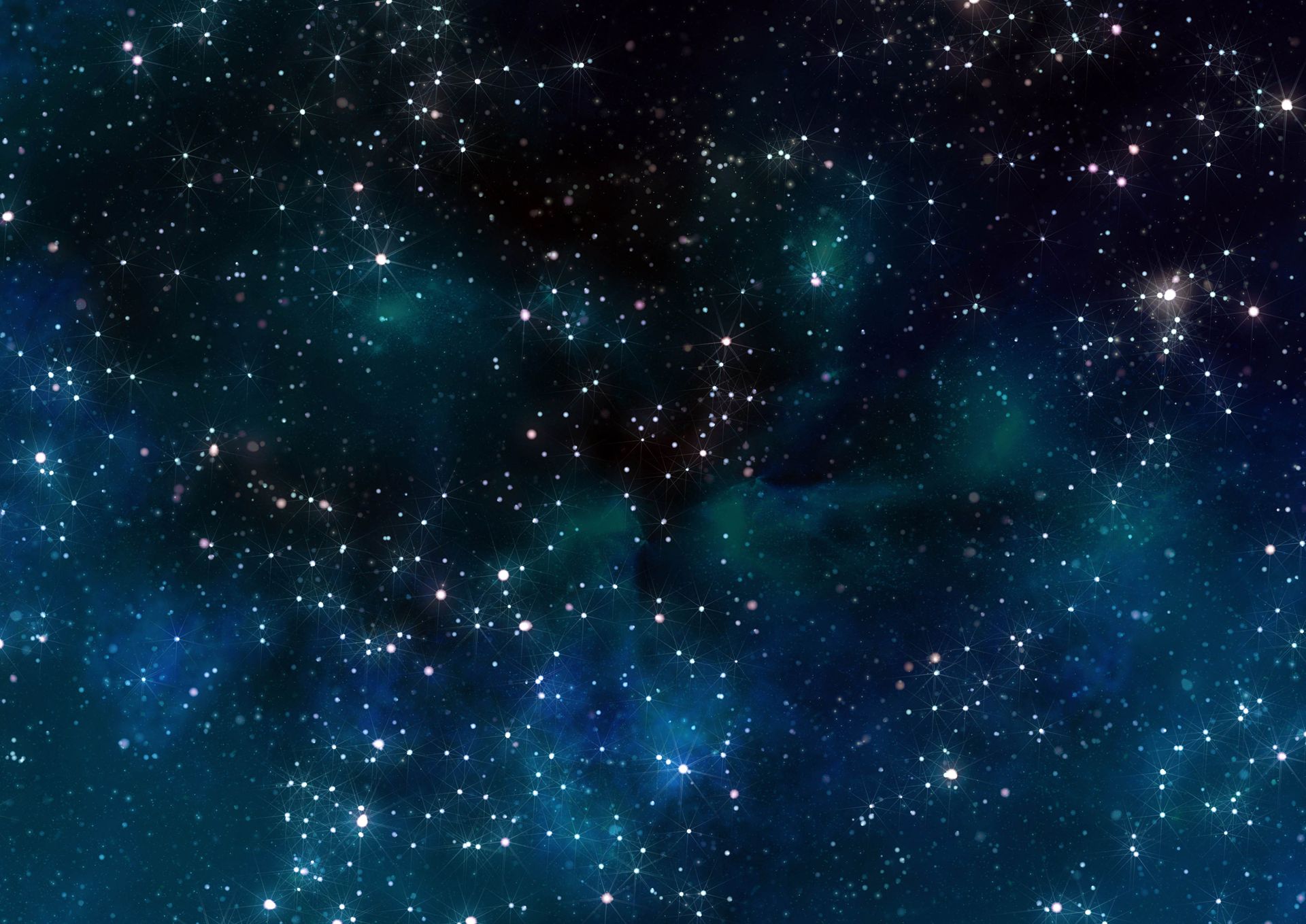 Blue and teal star-filled night sky with scattered bright stars and faint nebula clouds
