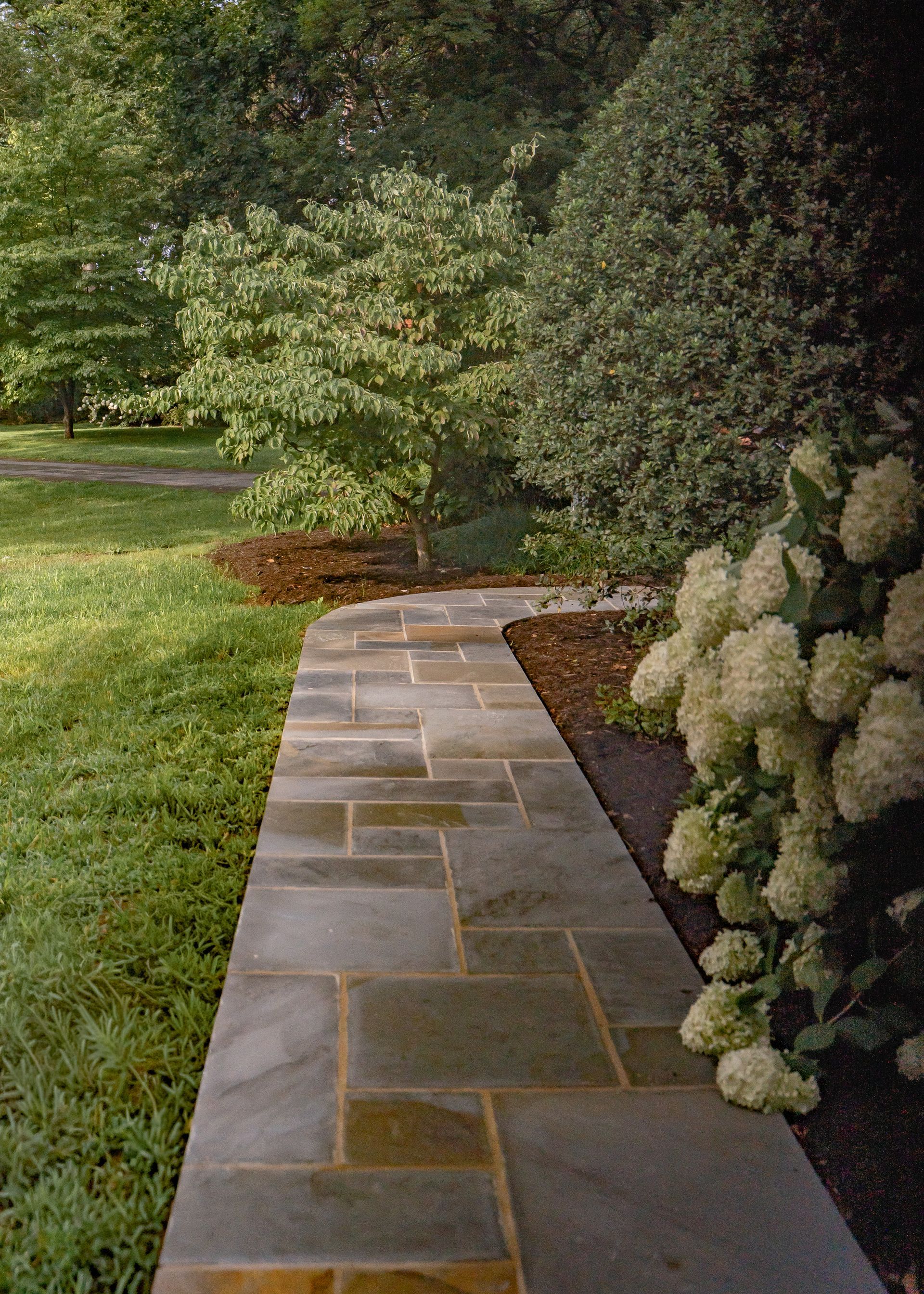 Stone garden path beside green lawn and flowering shrubs in a landscaped yard