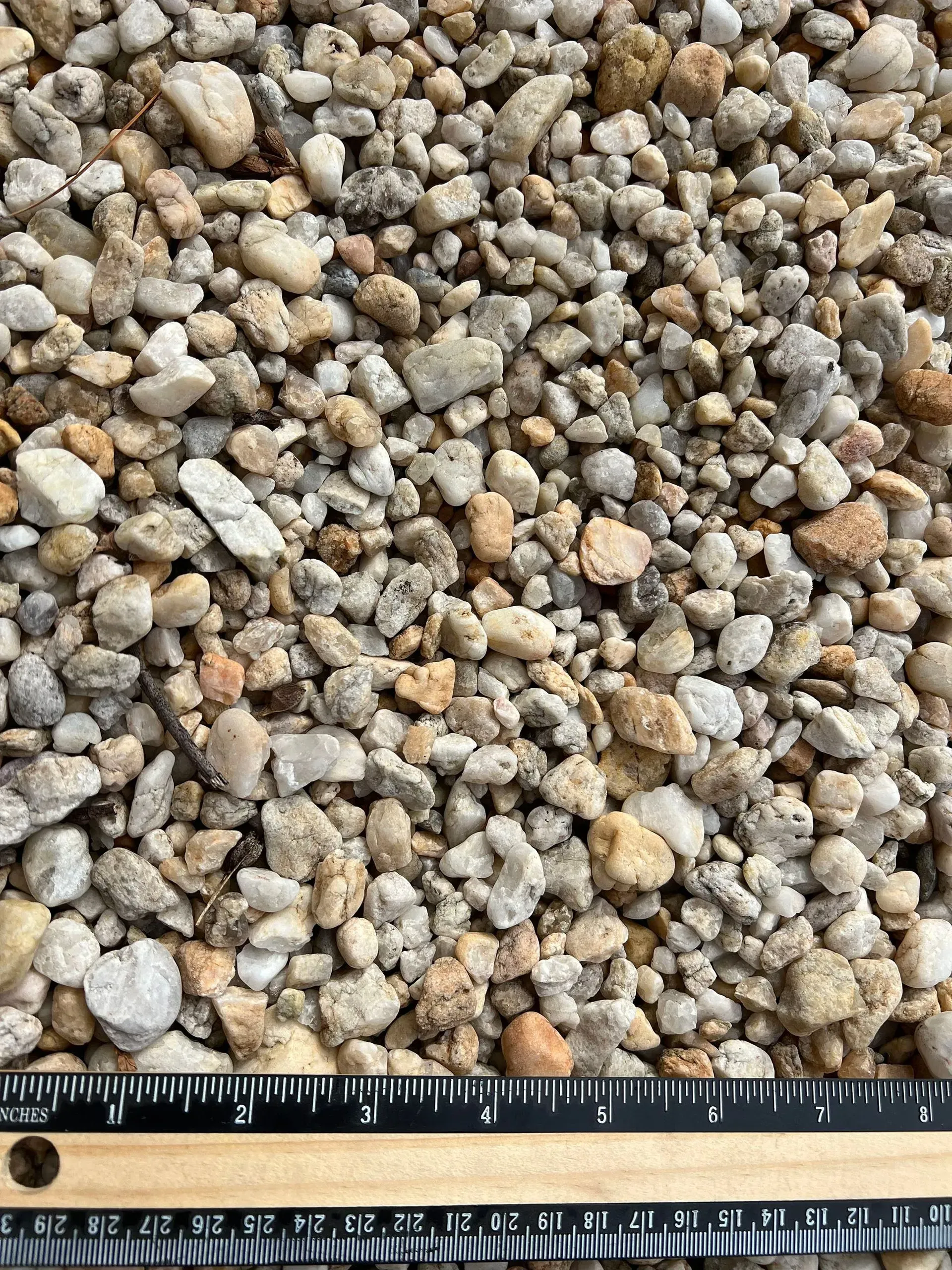 Close-up of mixed tan and gray gravel with a ruler along the bottom edge