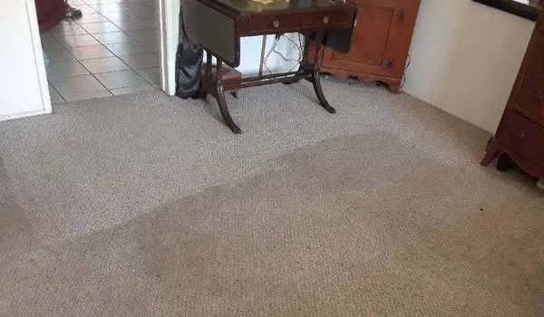 Carpeted room with a wooden bench and dresser near a tiled entryway